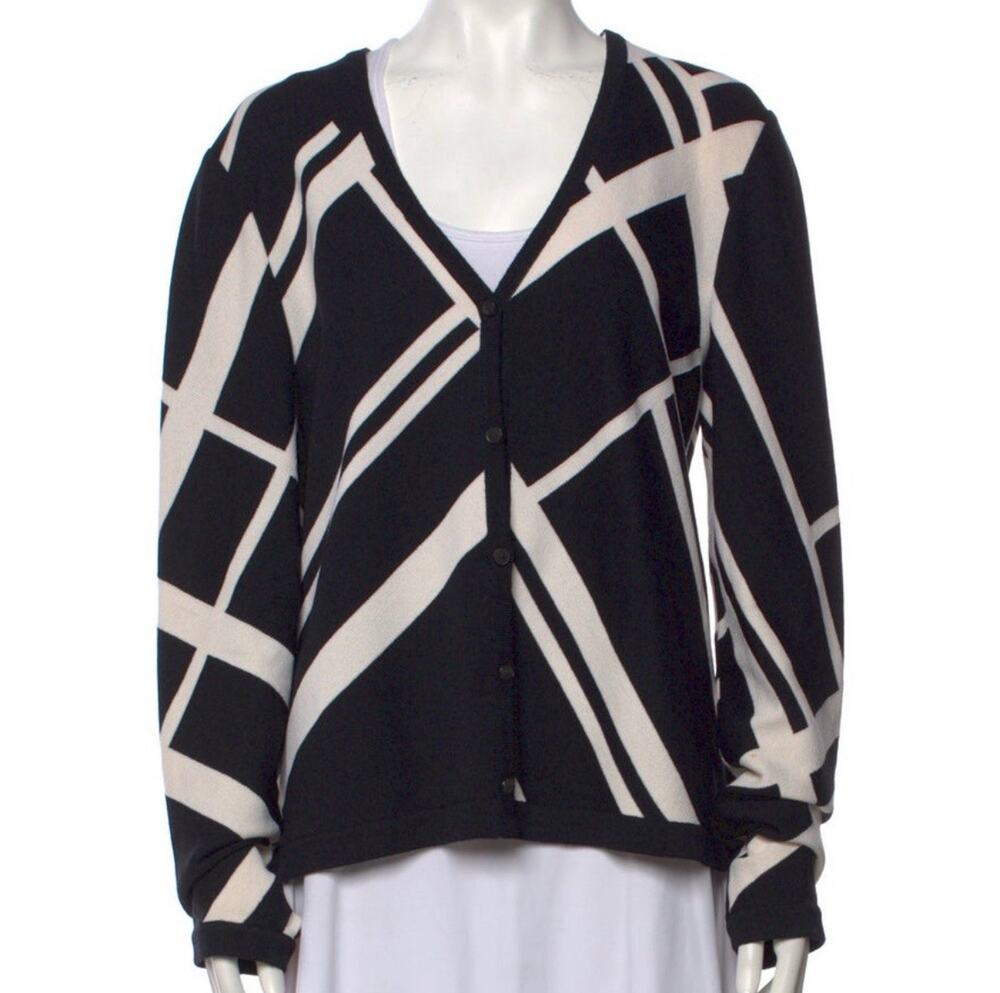 St John Black Cream Geometric Button Up Cardigan Jacket Blazer Size 14 EUC